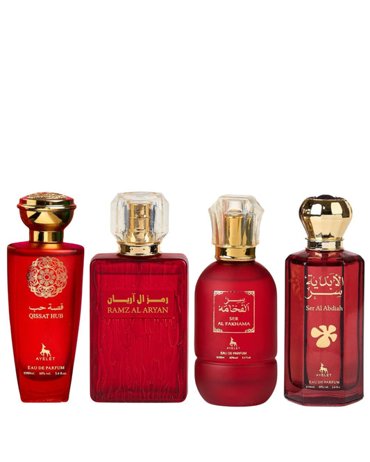 Set 4 Parfumuri Orientale De Dama - Ramz Aryan + Qissat Hub Red + Fakhama + Ser al Abdiah
