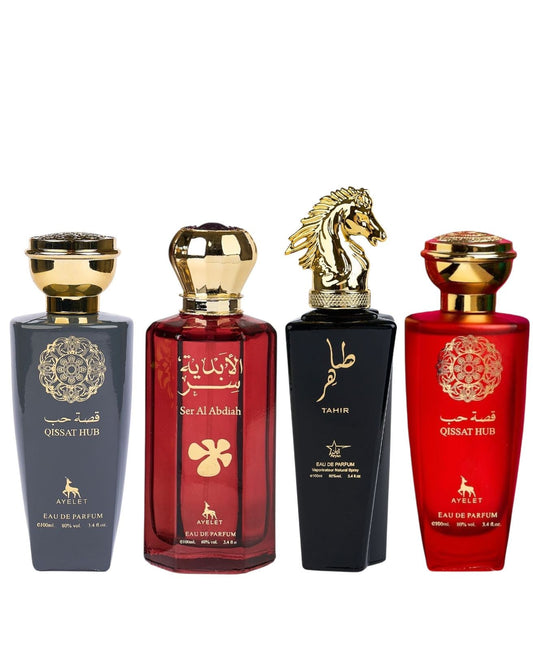Set 4 Parfumuri Orientale (2xDama + 2xBarbat) - Qissat Hub Grey + Ser Al Abdiah + Tahir + Qissat Hub Red