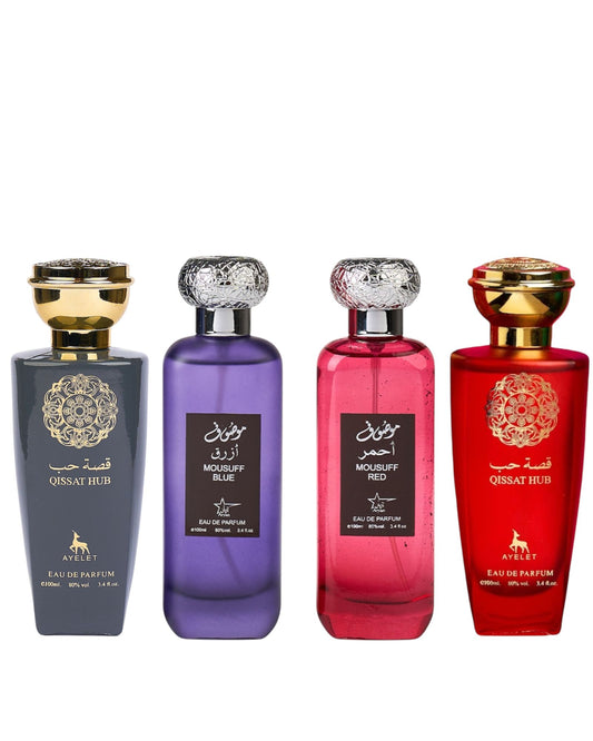 Set 4 Parfumuri Orientale ( 2xDama + 2xBarbat ) - Qissat Hub Red + Mousuff Red + Mousuff Blue + Qissat Hub Gray