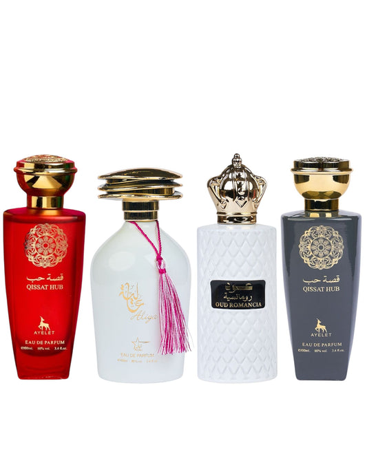 Set 4 Parfumuri Orientale ( 2xDama + 2xBarbat ) - Qissat Hub Red + Aliya + Oud Romancia + Qissat Hub Gray