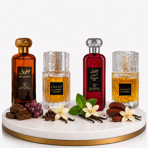 Set 4 Parfumuri Orientale (2 Dama + 2 Barbati) 100 ML - Mousuff Brown + Al Hamra Qahwa + Al Hamra Royal + Mousuff Red