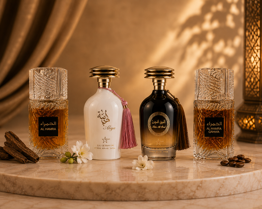 Set 4 Parfumuri Orientale (2 Dama + 2 Barbati) 100 ML - Al Hamra Royal + Aliya+ Ibda Oud + Al Hamra Royal Qahwa
