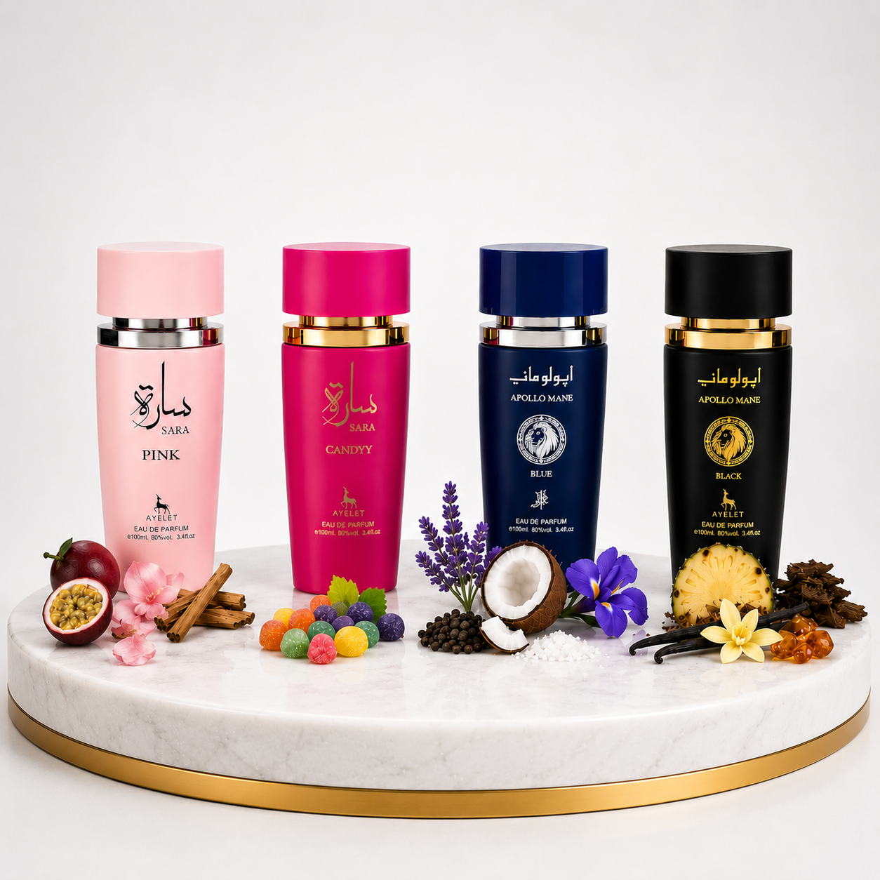 Set 4 Parfumuri Orientale ( 2xDama + 2xBarbat) - Sara Candy + Apollo Black + Apollo Blue + Sara Pink