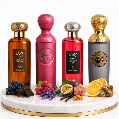Set 4 Parfumuri Orientale (2x Barbat + 2x Dama) 100ML - Mousuff Brown + Qissah Pink + Mousuff Red + Qissah Grey