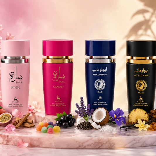Set 4 Parfumuri Orientale ( 2xDama + 2xBarbat) - Sara Candy + Apollo Black + Apollo Blue + Sara Pink