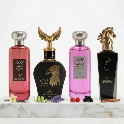 Set 4 Parfumuri Orientale (2x Barbat + 2x Dama) 100ML - Mousuff Red + Qannas Black + Mousuff Pink + Tahir