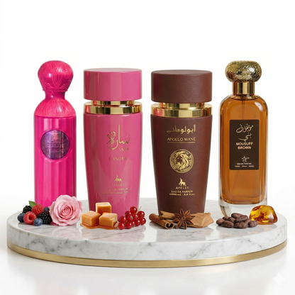 Set 4 Parfumuri Arabesti (2x Barbat + 2x Dama) 100ML - Sara Candy + Qissah Pink + Apollo Mane Brown + Mousuff Brown