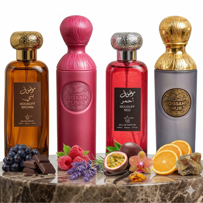 Set 4 Parfumuri Orientale (2x Barbat + 2x Dama) 100ML - Mousuff Brown + Qissah Pink + Mousuff Red + Qissah Grey