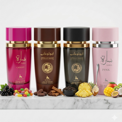 Set 4 Parfumuri Orientale 100ML (2 Dama + 2 Barbati) - Sara Candy + Apollo Mane Black+ Apollo Mane Brown+ Sara Pink