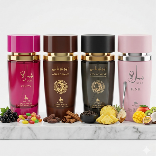 Set 4 Parfumuri Orientale 100ML (2 Dama + 2 Barbati) - Sara Candy + Apollo Mane Black+ Apollo Mane Brown+ Sara Pink
