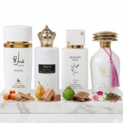 Set 4 Parfumuri Orientale de Dama 100ML - Sara White + Oud Romancia + Hayati Nisai + Aliya