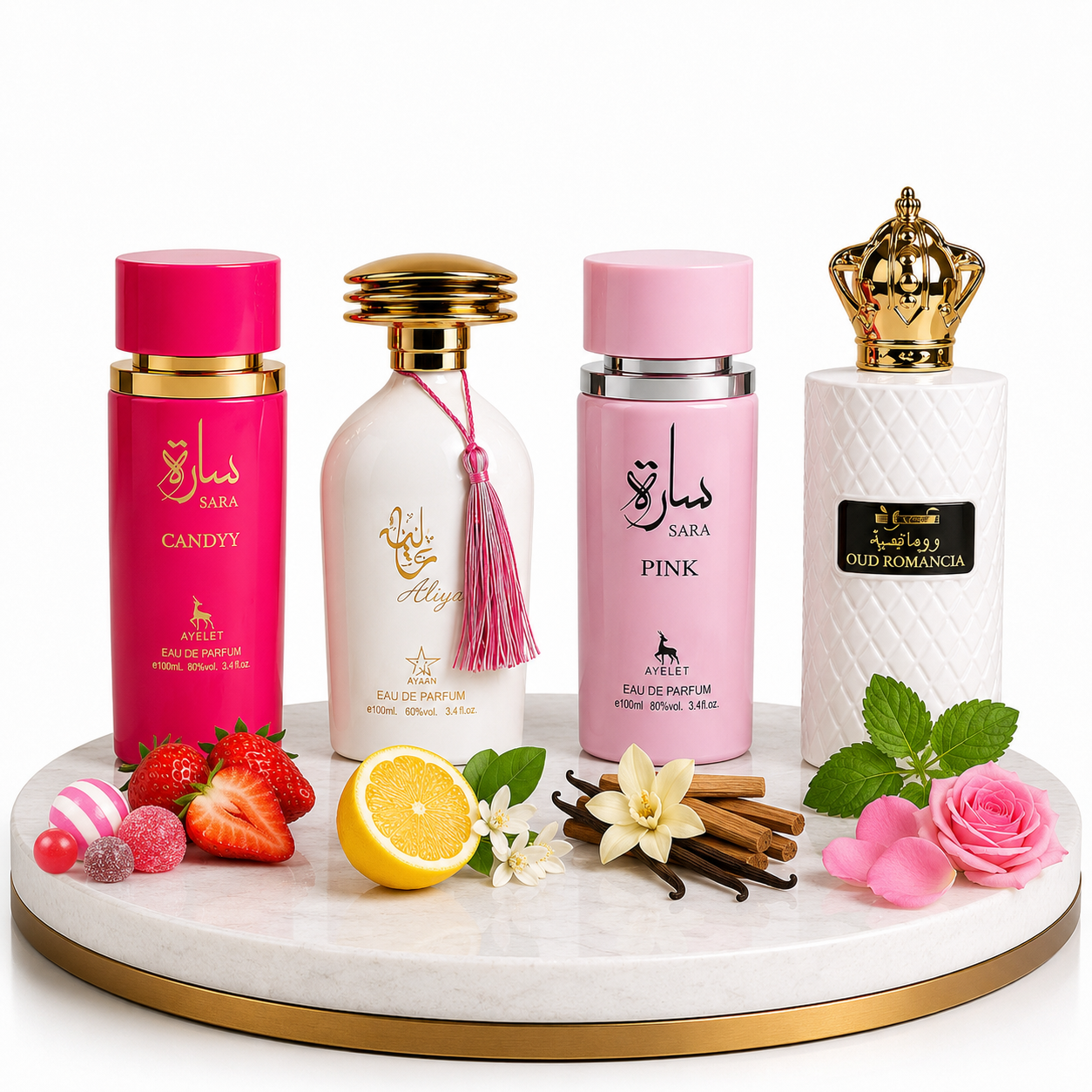 Set 4 Parfumuri Arabesti De Femei 100ML -  Sara Candy + Aliya + Sara Pink + Oud Romancia