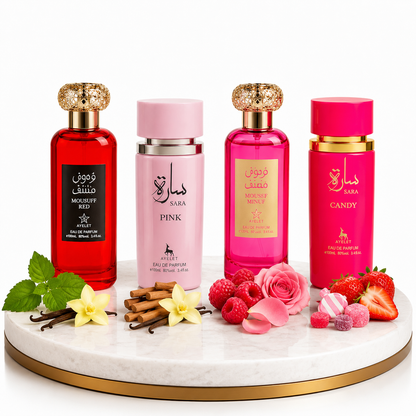 Set 4 Parfumuri Arabesti De Femei 100ML - Mousuff Red + Sara Pink + Mousuff Pink + Sara Candy