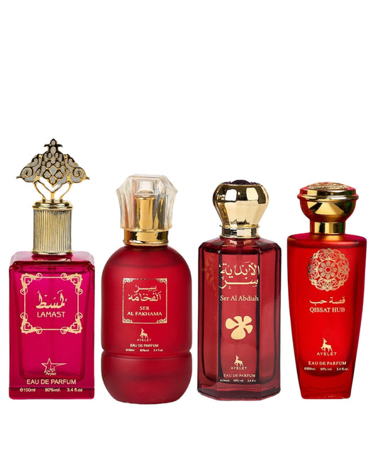 Set 4 Parfumuri Orientale De Dama - Lamast + Ser Al Fakhama + Ser Al Abdiah +Qissat Hub Red