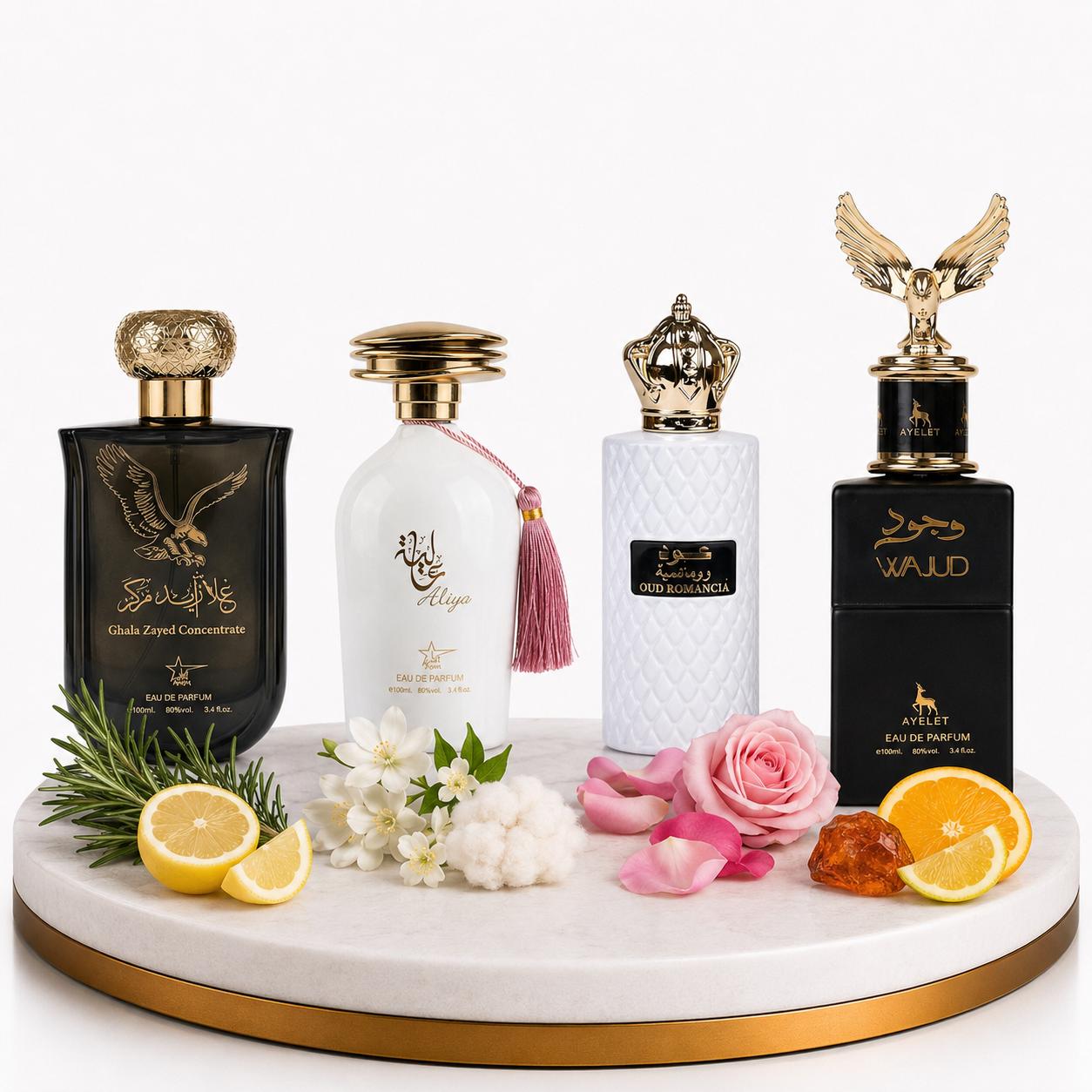 Set 4 Parfumuri Orientale (2 Dama + 2 Barbati) 100 ML - Ghala Zayed + Aliya + Oud Romancia + Wajud