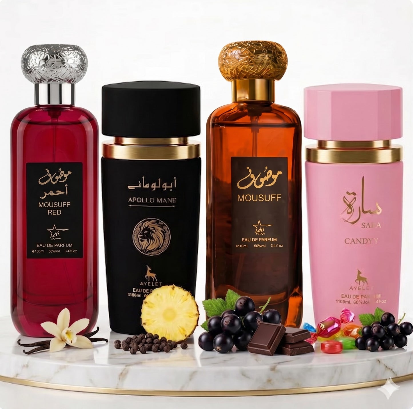 Set 4 Parfumuri Orientale (2x Barbat + 2x Dama) 100ML - Mousuff Red + Sara Candy + Apollo Black + Mousuff Brown