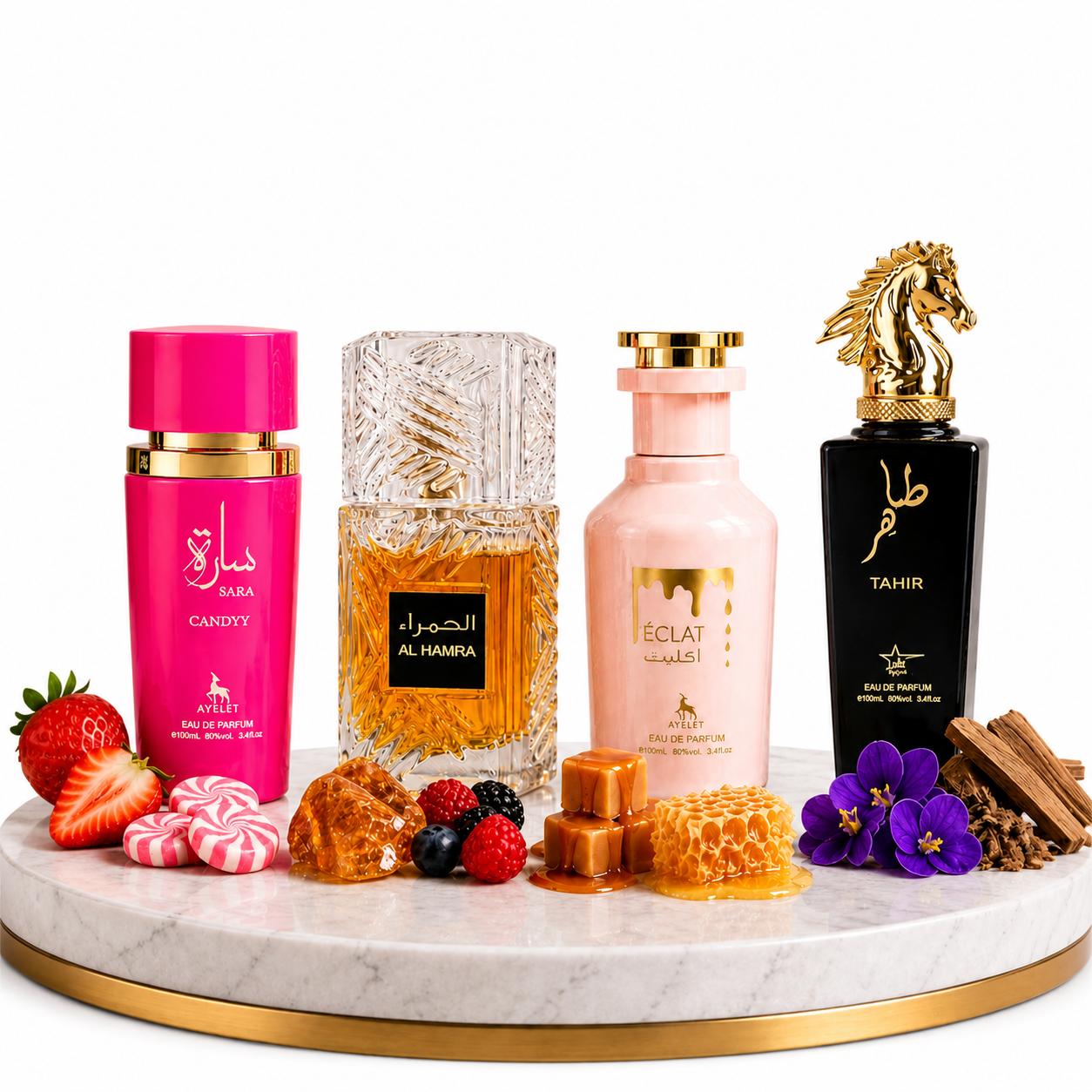 Set 4 Parfumuri Orientale ( 2xDama + 2xBarbat) - Sara Candy + Al Hamra Royal + Eclat + Tahir