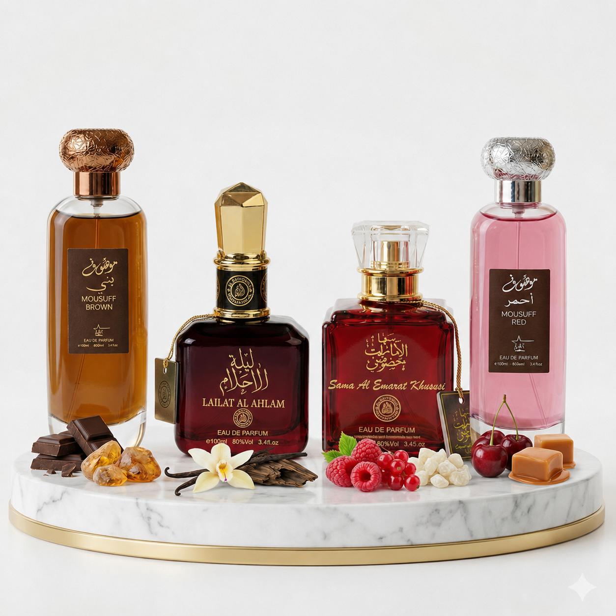 Set 4 Parfumuri Arabesti (2x Barbat + 2x Dama) 100ML - Mousuff Brown + Lailat Al Ahlam + Sama Al Emarat Khususi + Mousuff Pink