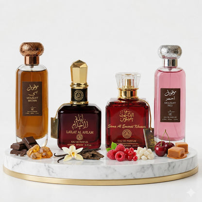 Set 4 Parfumuri Arabesti (2x Barbat + 2x Dama) 100ML - Mousuff Brown + Lailat Al Ahlam + Sama Al Emarat Khususi + Mousuff Pink