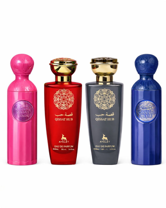 Set 4 Parfumuri Orientale ( 2xDama + 2xBarbat ) - Attar Gissah Blue + Qissat Hub Grey + Qissat Hub Red + Qissah Pink