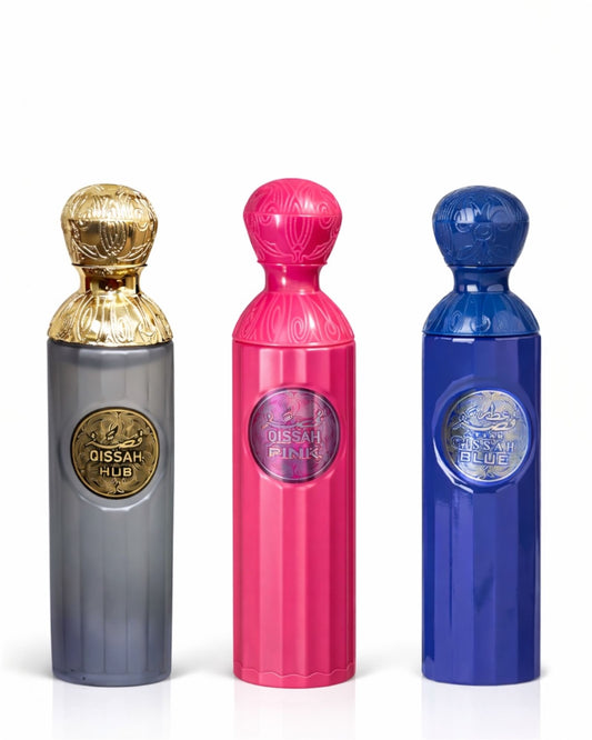 Set 3 Parfumuri Orientale (2x Barbatesti + 1 Dama) - Qissah Gray + Qissah Pink + Qissat Blue